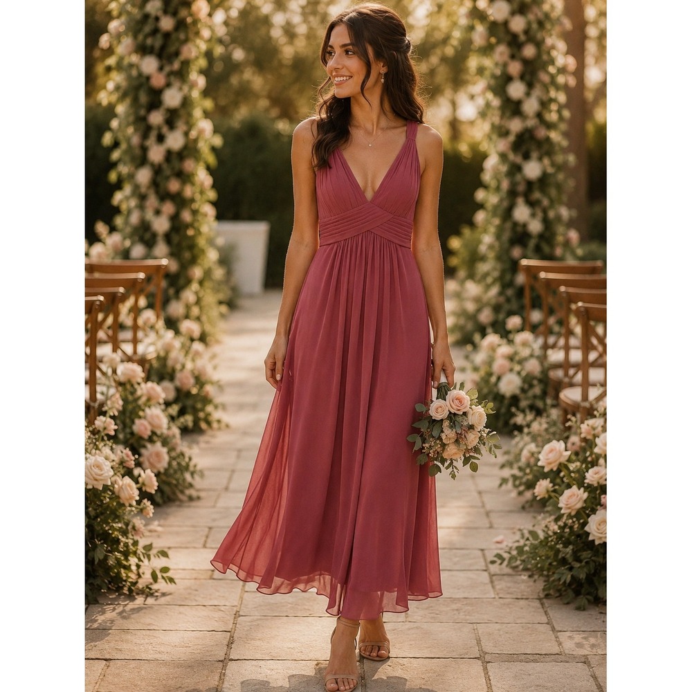 Azazie A4 Rose Pink Chiffon Pleated V-Neck Maxi Bridesmaid Dress Formal Wedding